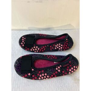 Isotoner slippers Large 8-9 flat slippers black pink dots washable